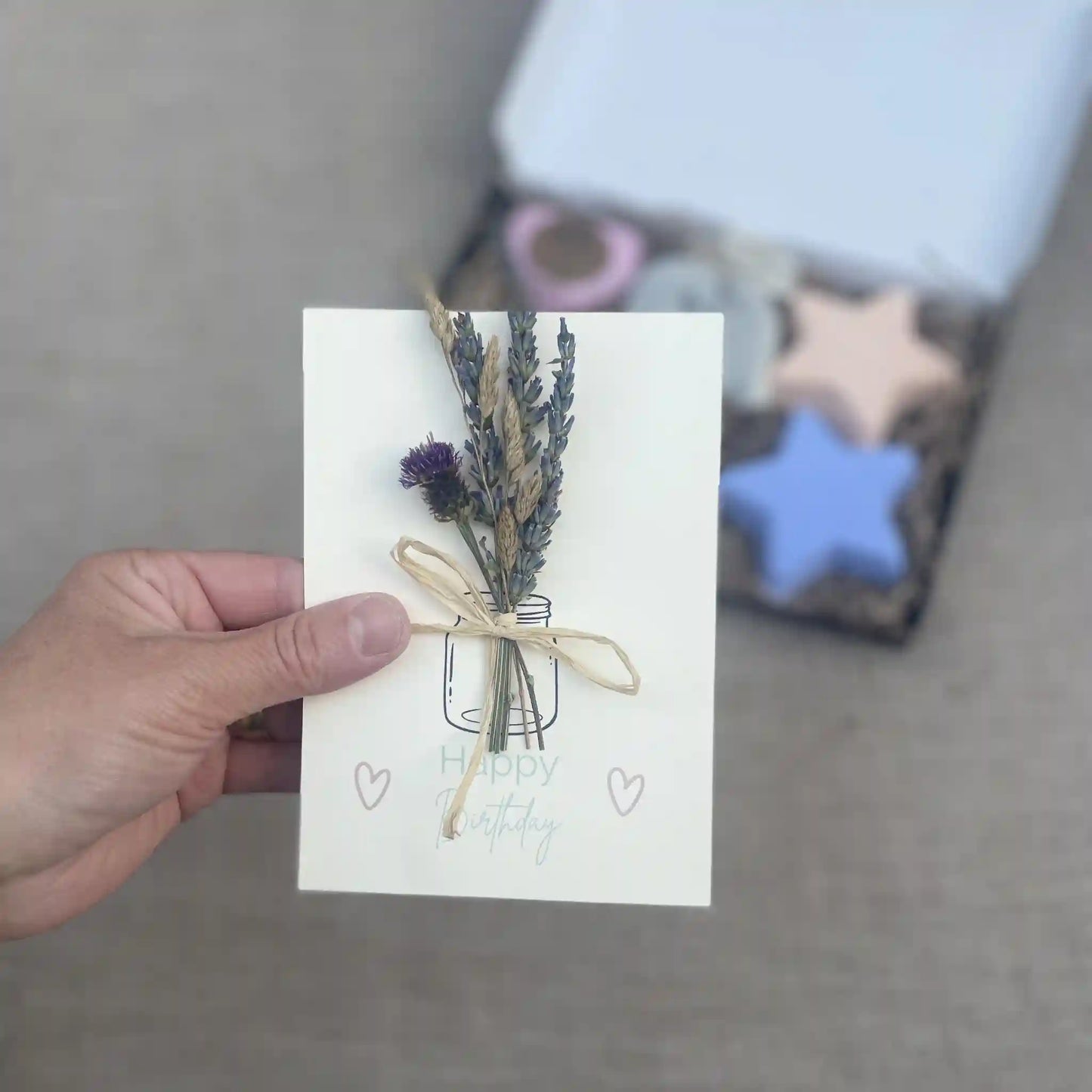 Happy Birthday card with real dried lavender posy for letterbox gift hampe