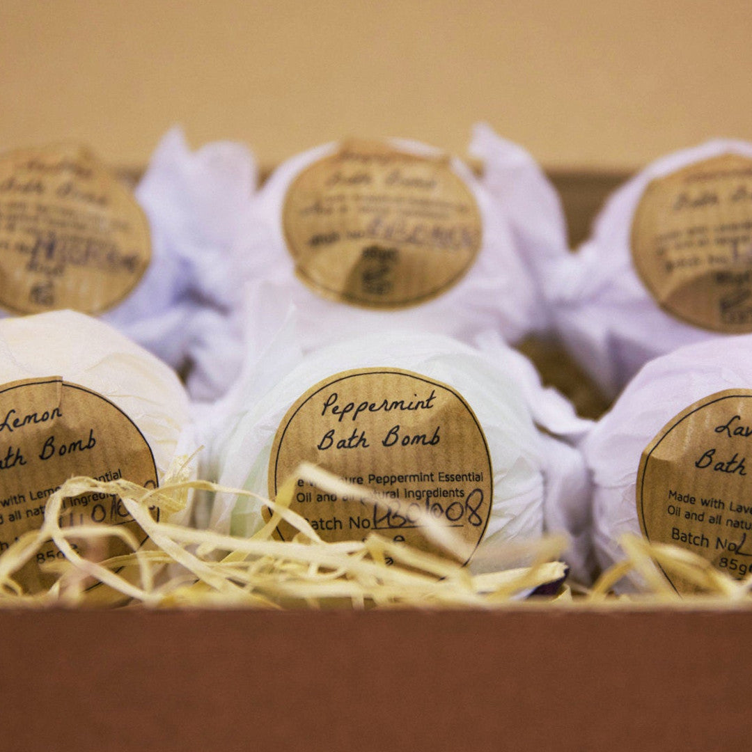 Set of 6 bath bombs individually wrapped and labeled by Mihaela