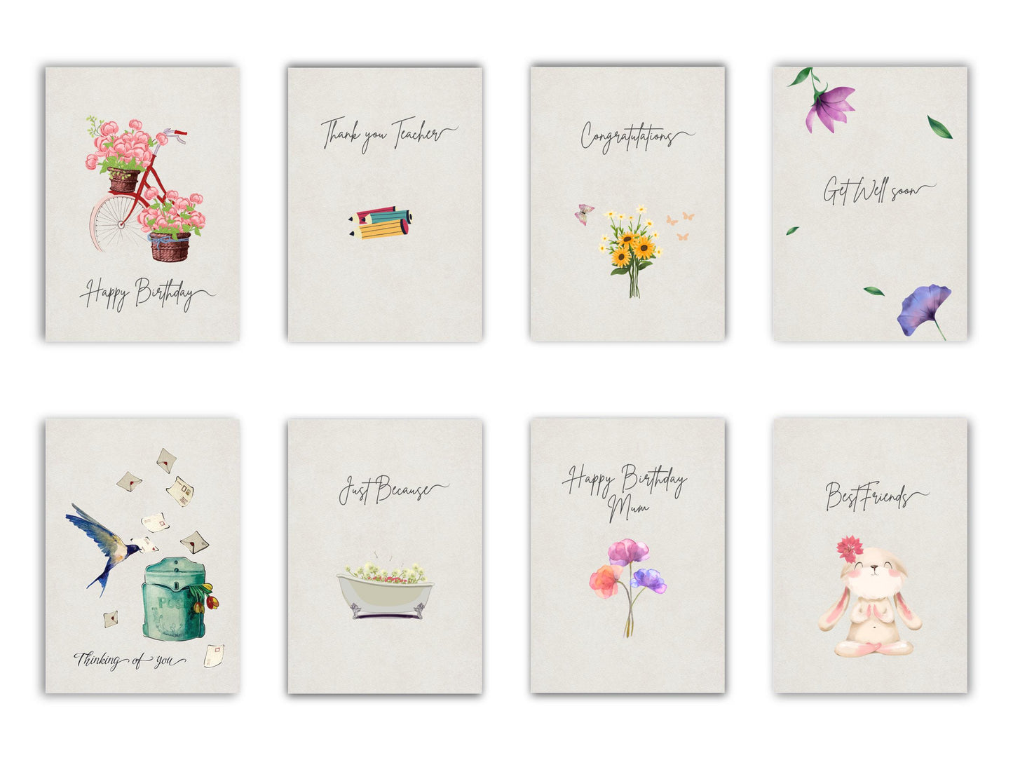 Set of decorative greeting cards with various designs and text on a white background