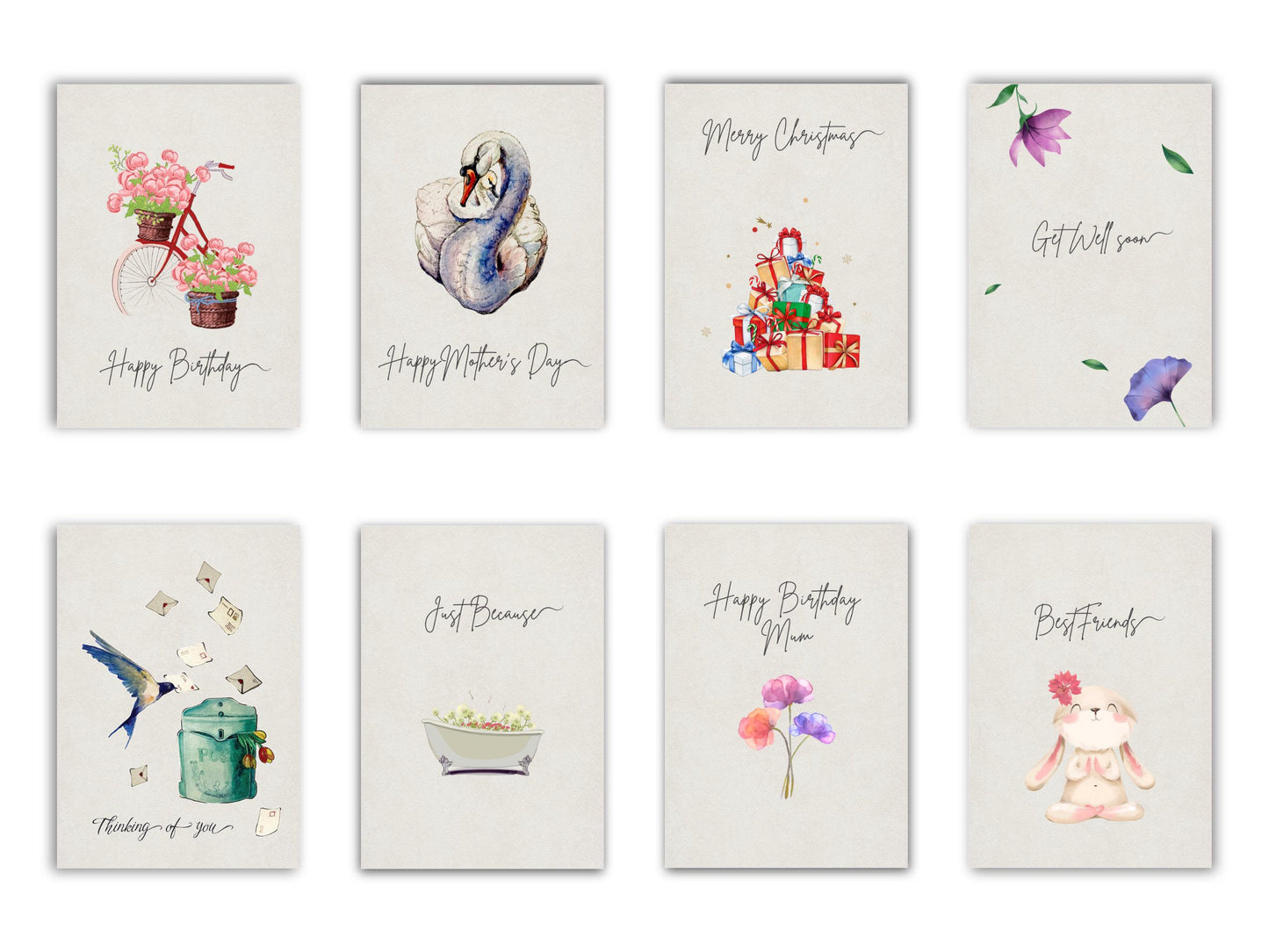 Set of eight greeting cards with various designs and text on a white background