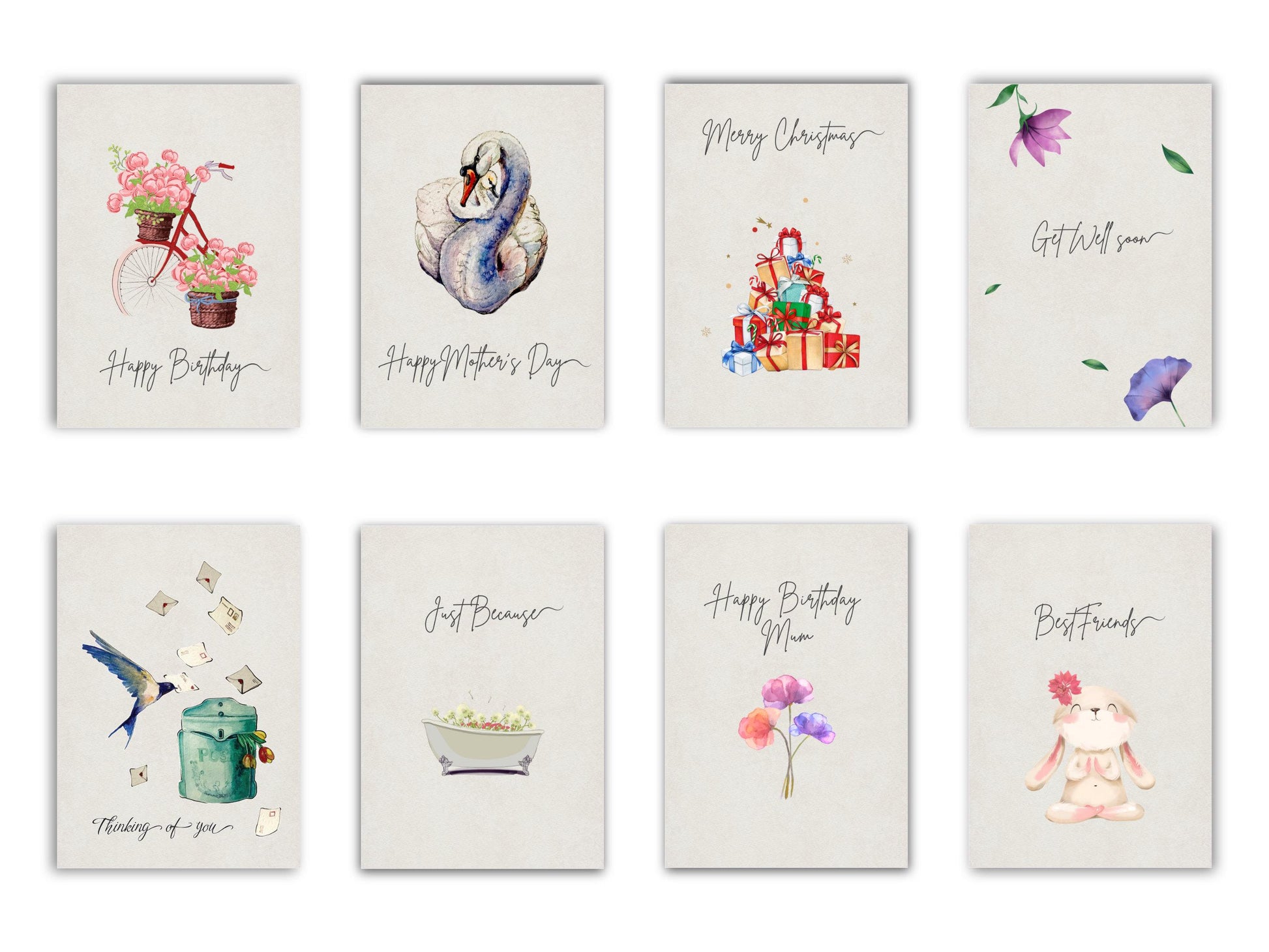 Set of eight greeting cards with various designs and text on a white background