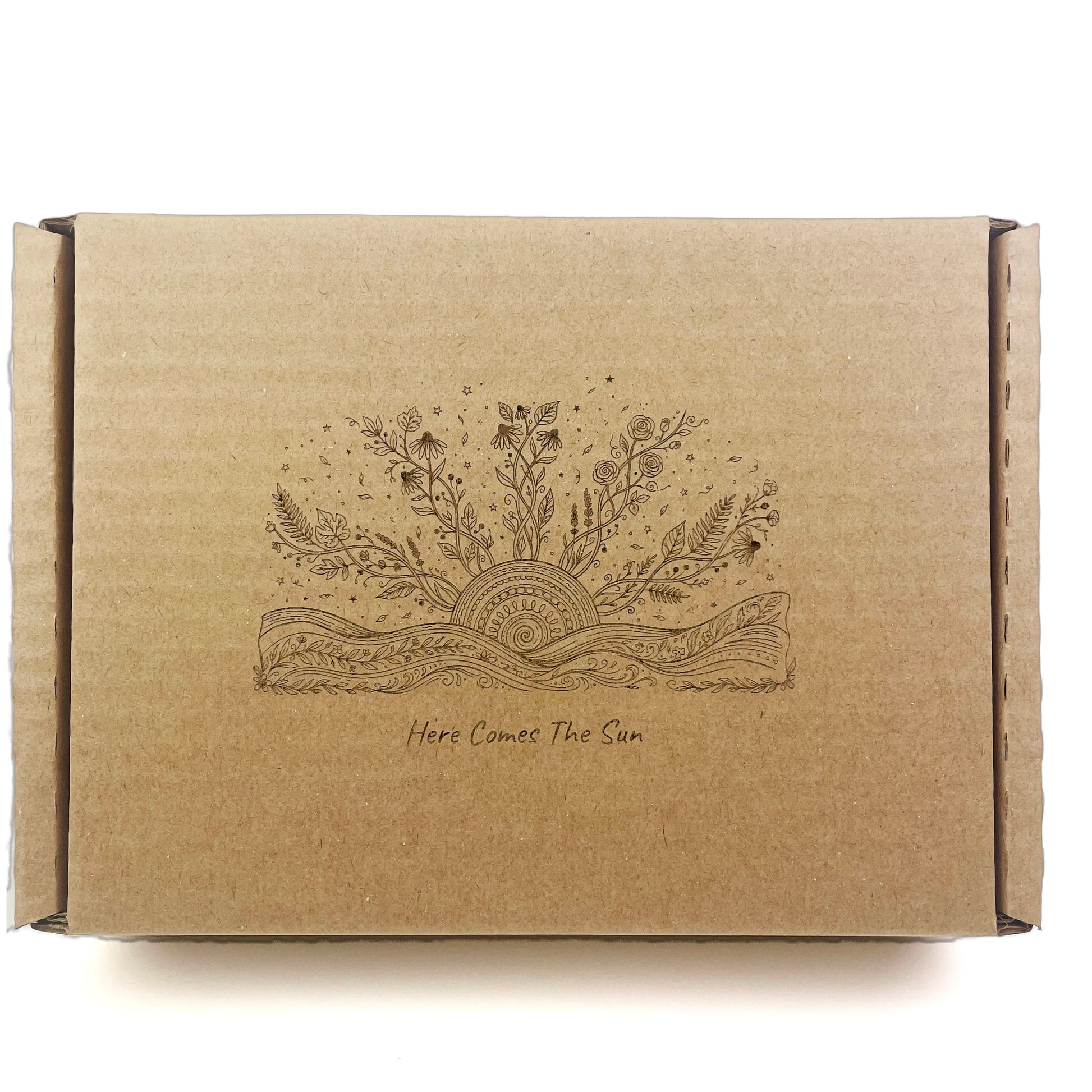 Here comes the sun motivational gift box with sunrise illustration