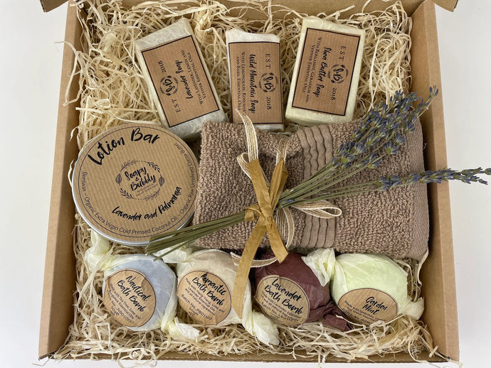 Spa and relaxation hamper with handmade soaps, and bath bombs