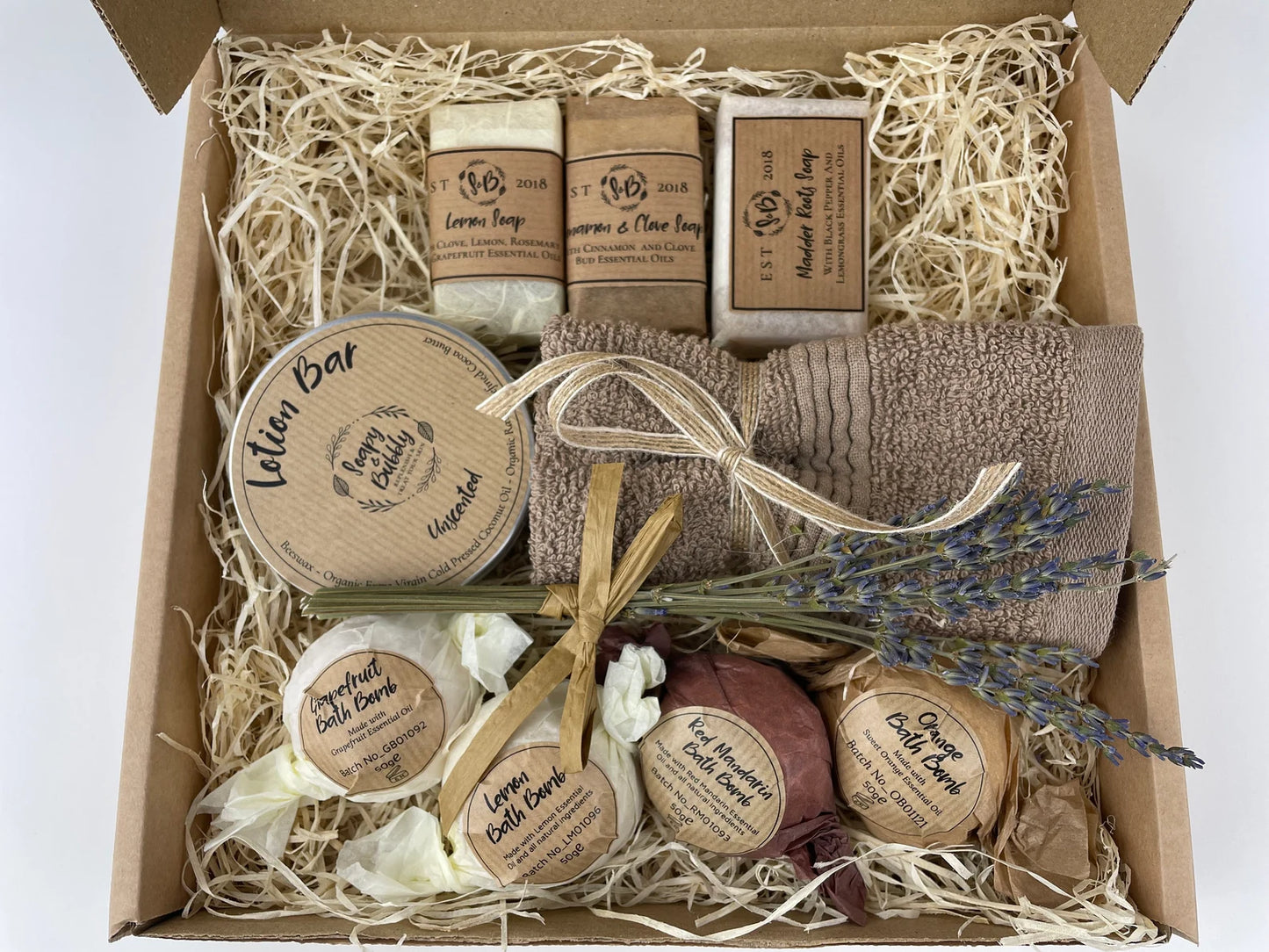 Personalised Spa and Relaxation Gift Hamper with handmade soap, bath bomb, lotion, and a bit of lavender. A thoughtful pamper gift from the UK.