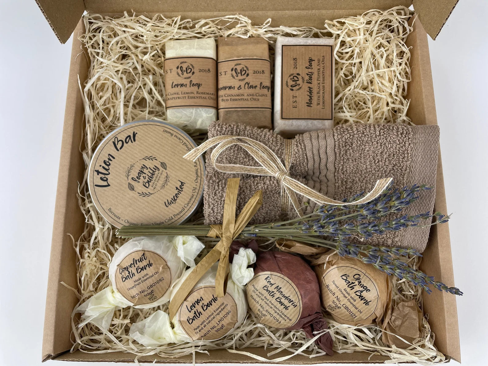 Personalised Spa and Relaxation Gift Hamper with handmade soap, bath bomb, lotion, and a bit of lavender. A thoughtful pamper gift from the UK.