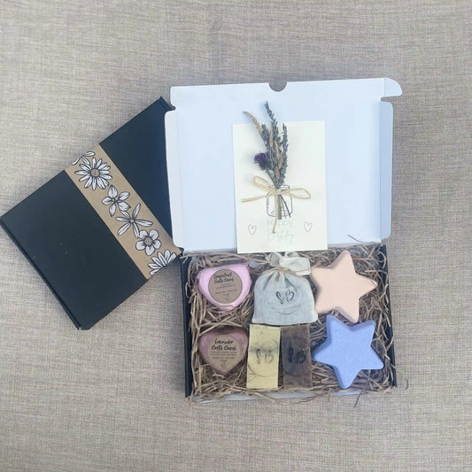 Letterbox self care hamper with real lavender card.