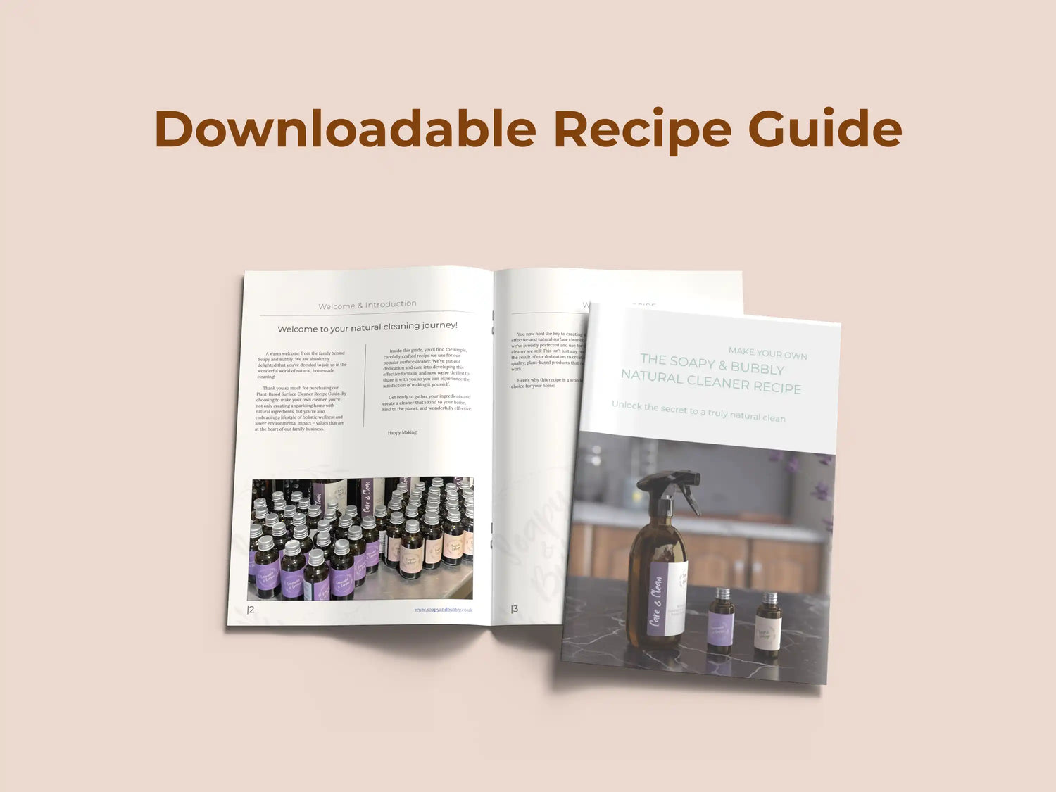 Cover of the Soapy & Bubbly DIY Natural Surface Cleaner Recipe Guide, a digital download for homemade, plant-based cleaning