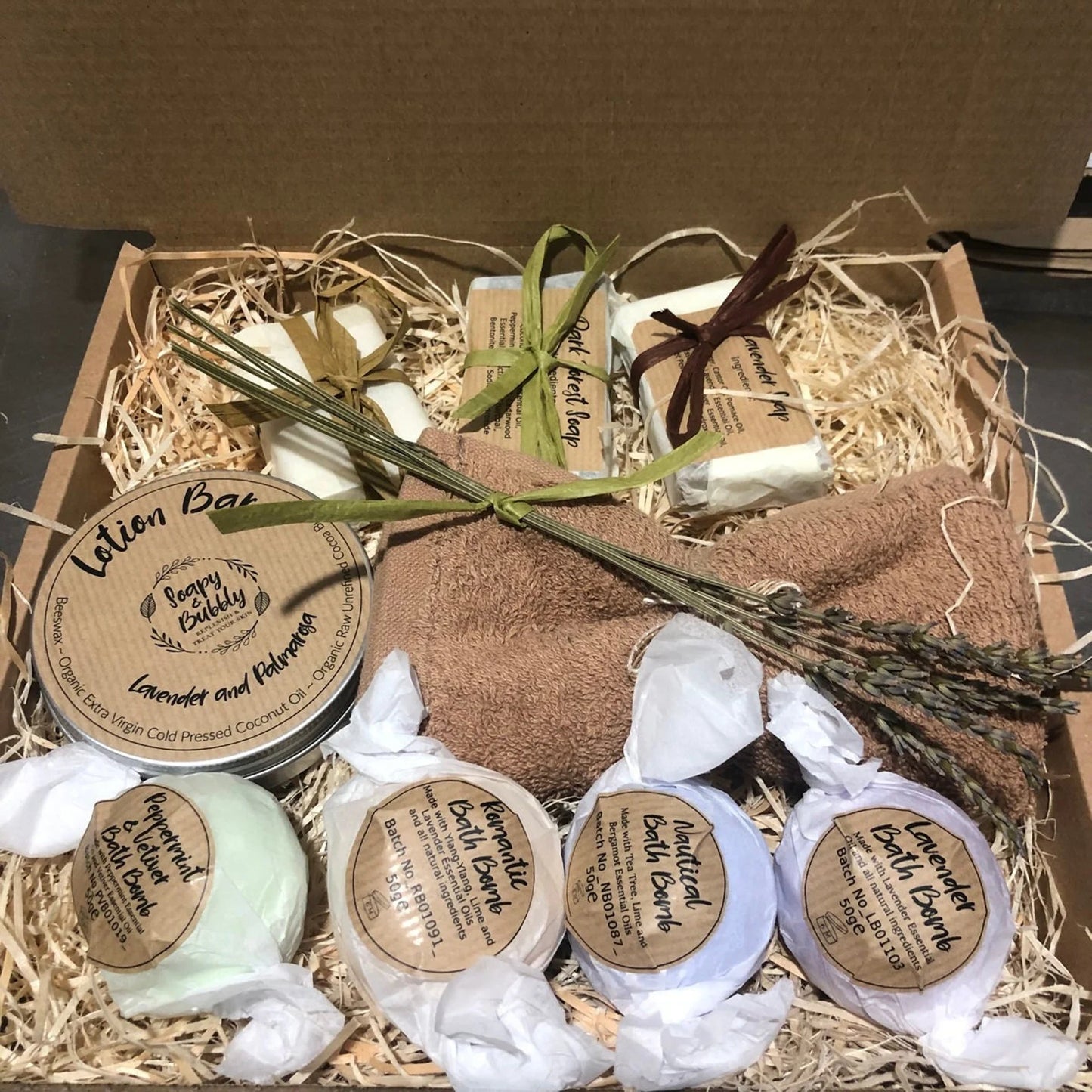 Beautifully packaged Spa and Relaxation Hamper from Soapy & Bubbly, ready to be gifted.
